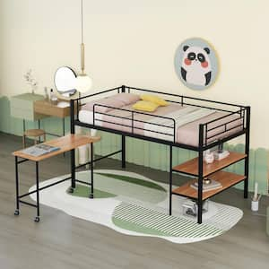 Black Twin Size Metal Loft Bed with Rolling Desk and Shelves, Low Loft Bed Frame With Ladder for Kids Bedroom, Dorm