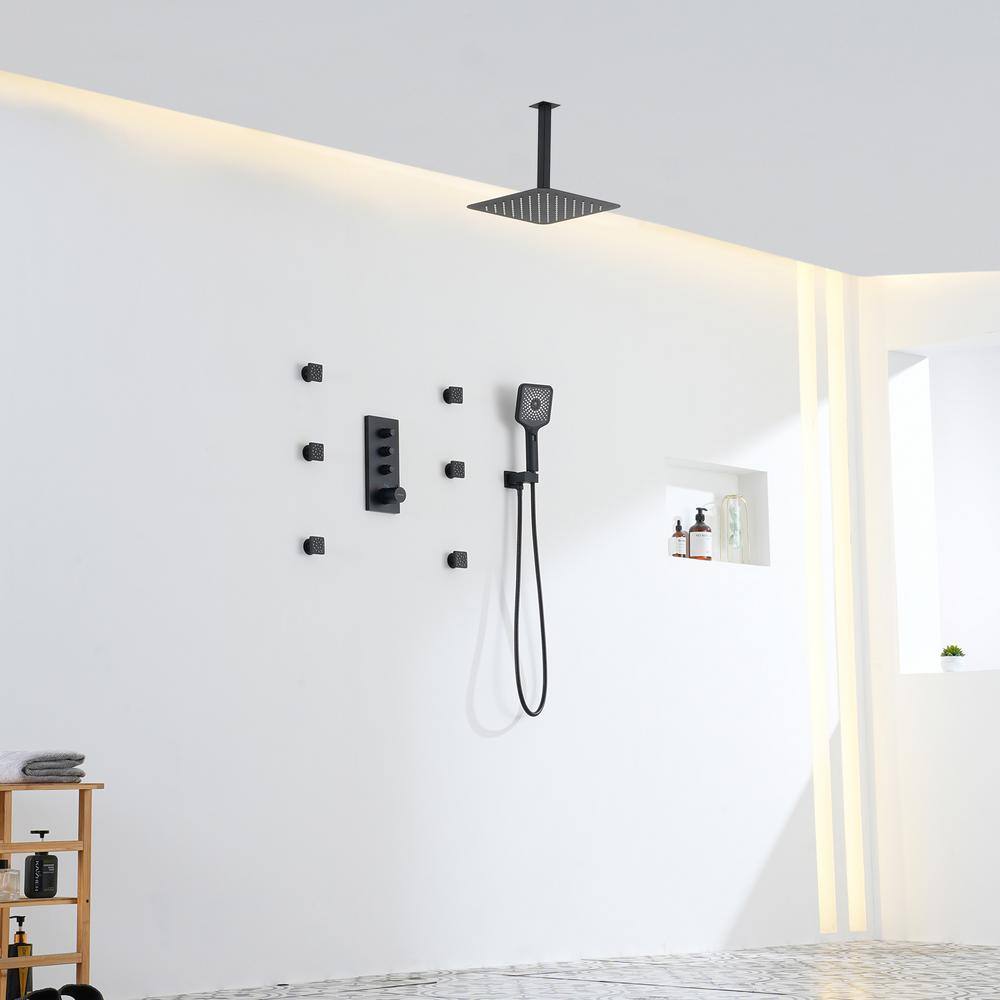 Matte Black Large Square Ceiling Mounted Dual Shower System