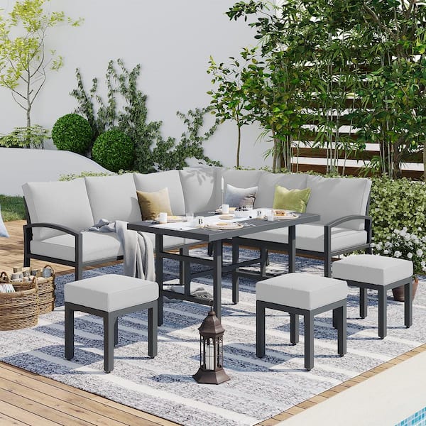 AECOJOY 7-Piece Metal Patio Conversation Set Outdoor Dining Sofa Set with TableandChair, Light Grey Cushions
