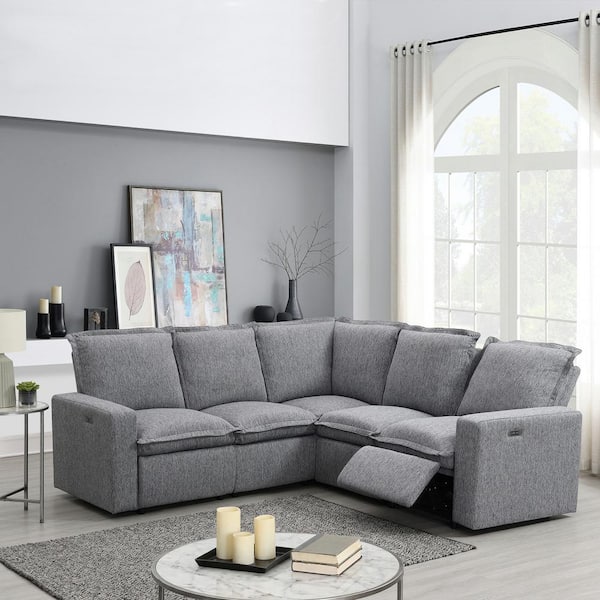 Harper & Bright Designs Home Theater 89.7 in. W Square Arm L-Shaped Linen Modern Power Recliner Sectional Sofa in Gray with USB Port