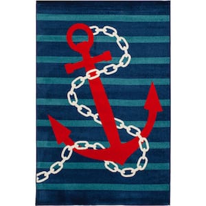 Patio Brights Blue 5 ft. x 7 ft. Anchored Stripes Polypropylene Indoor/Outdoor Area Rug