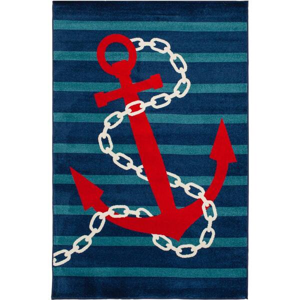 Natco Patio Brights Blue 5 ft. x 7 ft. Anchored Stripes Polypropylene Indoor/Outdoor Area Rug