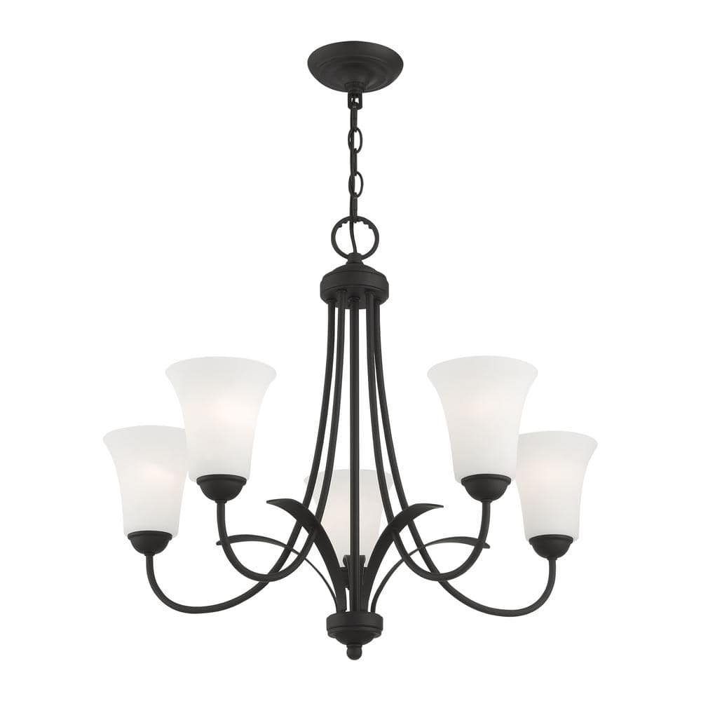 Elegant Transitional 5-Light Chandelier in Black with Satin Opal White Glass