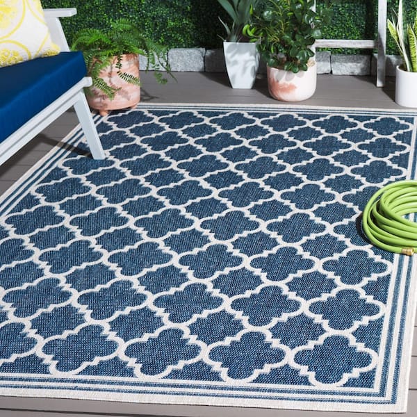 Beach House Blue/Ivory 7 ft. x 7 ft. Border Trellis Indoor/Outdoor Square Area Rug