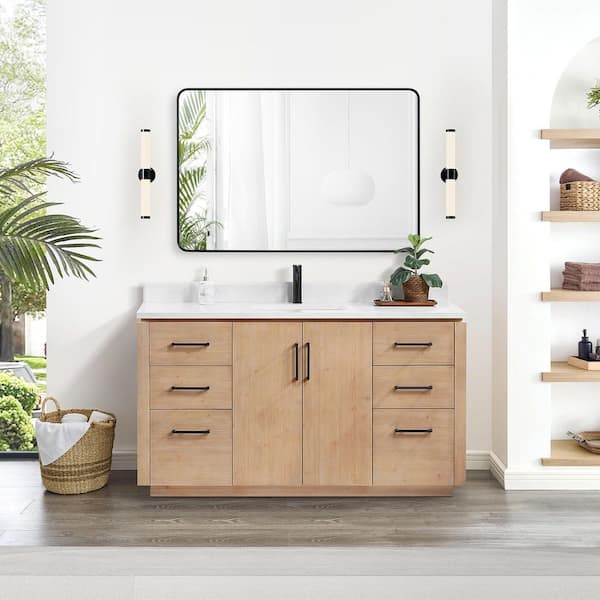 ROSWELL San 60 in.W x 22 in.D x 33.8 in.H Single Sink Bath Vanity in Fir Wood Brown with White Composite Stone Top