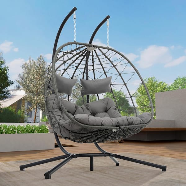 Unbranded 2-Person Metal Patio Swing Egg Chair with Stand, Light Gray Cushion and Pillow, Foldable Design