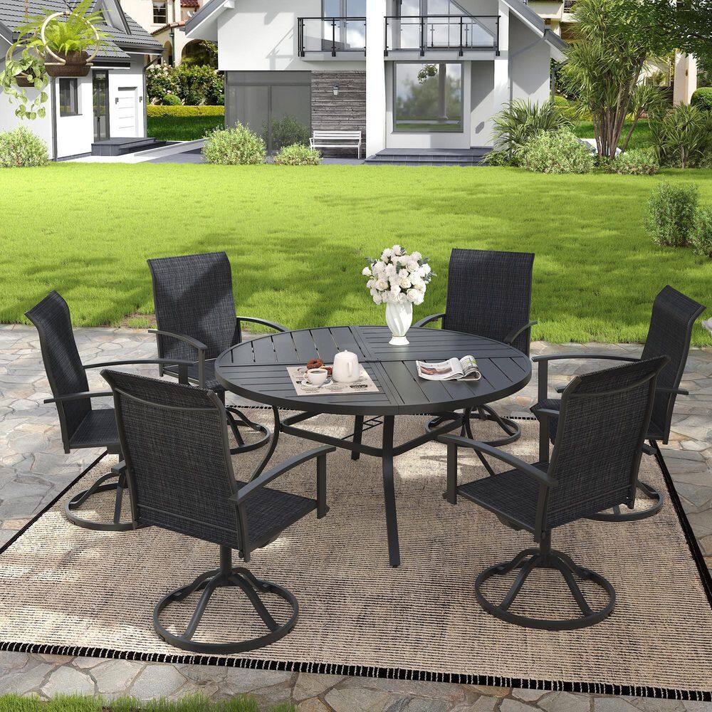 7-Piece Metal Outdoor Dining Set with 53.1 in. Black Round Dining Table and 6 Dark Gray Textilene Swivel Patio Chairs price history on PriceWatchPro