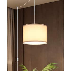 15 ft. 1-Light Beige Plug in Pendant Light with Clear Cord and White Fabric Lamp Shade, On/Off Switch