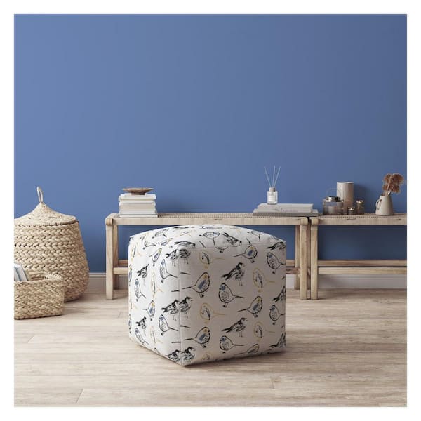 HomeRoots White and Yellow Canvas Square Pouf 17 in. x 17 in. x 17 in. Ottoman