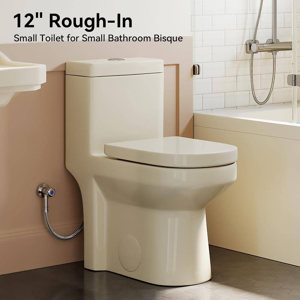Compact Bisque One-Piece Dual Flush Toilet with Soft Close Seat