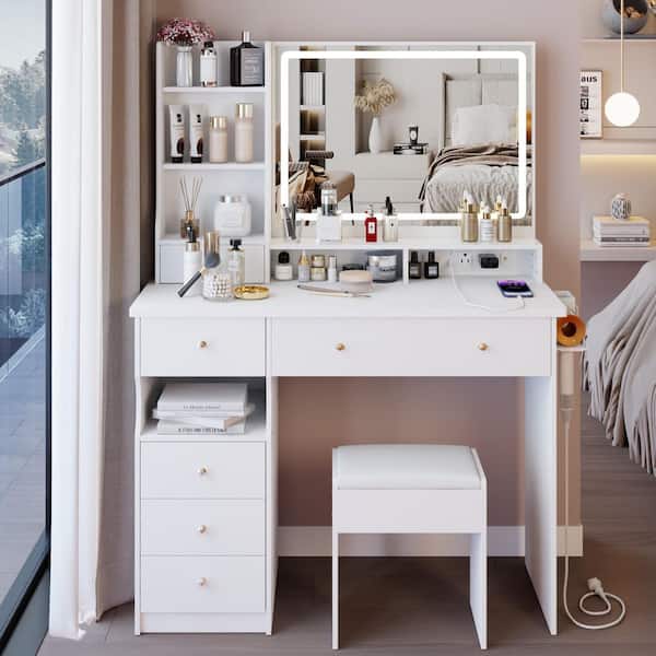 Mory 41 in. White Makeup Vanity Set with Lighted Mirror, Power Outlet, USB Ports, 7-Drawers and Stool