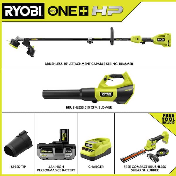 ONE+ HP 18V Brushless Cordless 15 in. Trimmer & 510 CFM Blower Combo Kit w/ Shear Shrubber, 4.0 Ah Battery & Charger