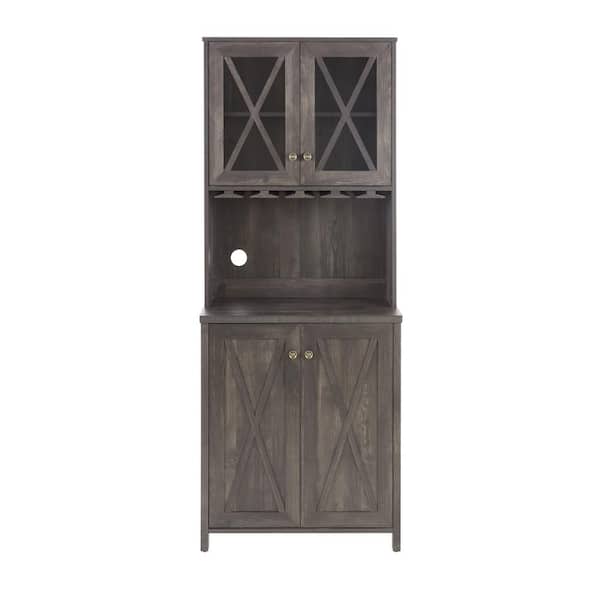 26.89inx15.87inx67.3in Charcoal Gray Minimalist MDF Ready to Assemble Kitchen Cabinet with Wine Rack and 2 Glass Doors