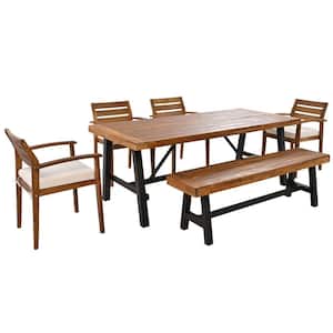 6-Piece Natural Acacia Wood Outdoor Dining Set with Beige Cushions, Ergonomic Chairs and Bench
