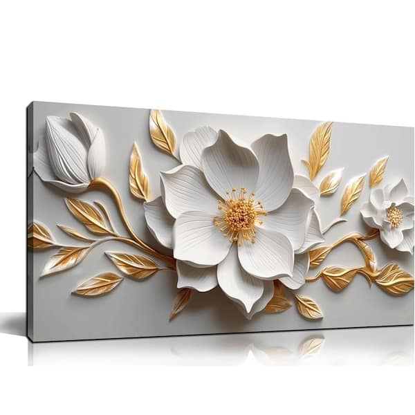 Unbranded 20 in. x 40 in. Framed White and Gold Flower Canvas Wall Art for Living Room, Bedroom and Office Decor