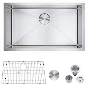 30 in Undermount Single Bowl 18 Gauge Stainless Steel Kitchen Sink with Bottom Grids and Strainer