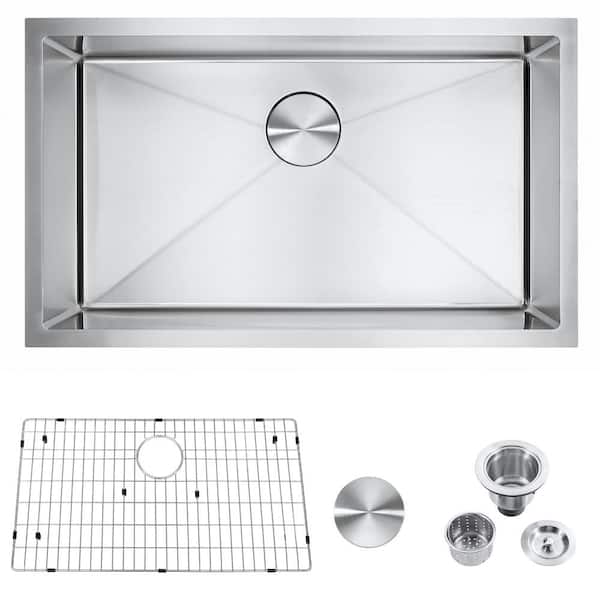 Cesicia 30 in Undermount Single Bowl 18 Gauge Stainless Steel Kitchen Sink with Bottom Grids and Strainer
