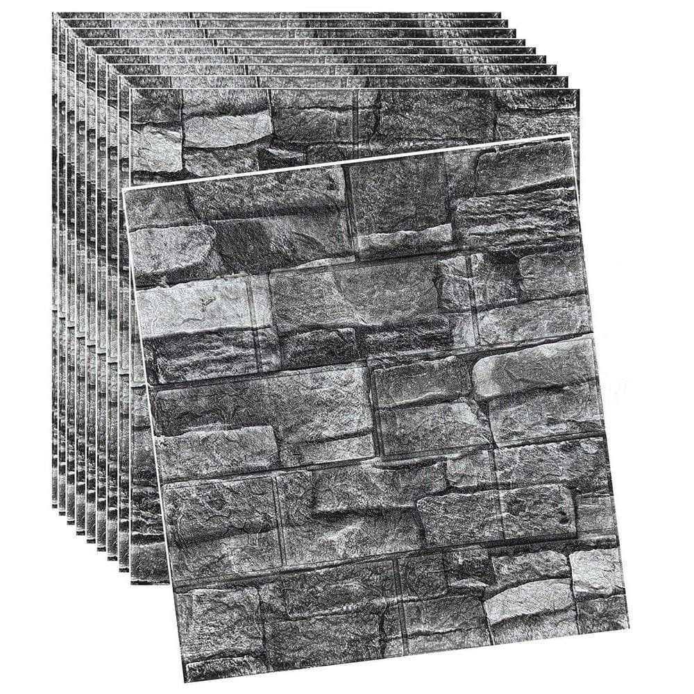 20-Piece Black Peel and Stick 3D Faux Stone Wall Panel, 3D Brick Wallpaper,