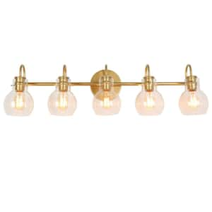 Modern Light Gold Vanity Light 35.5 in. 5-Light Bathroom Power Room Light with Globe Clear Glass Shades