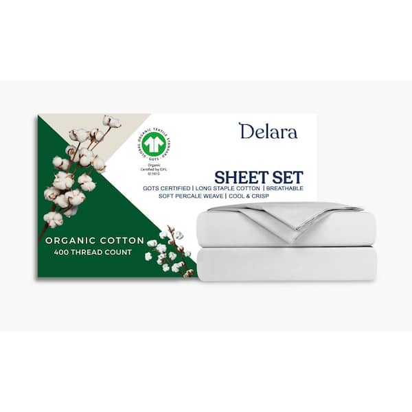 Delara Delara 4-Piece 100% Organic Cotton Percale Weave 400TC Ultra Soft Smooth and Breathable Light Grey Cal King Sheet Set
