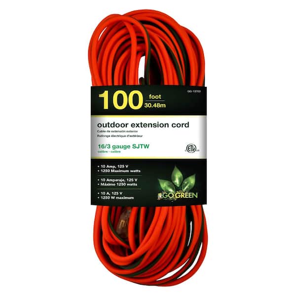 GoGreen Power 100 ft. 16/3 SJTW Outdoor Extension Cord - Orange with Lighted  Green Ends GG-13700 - The Home Depot