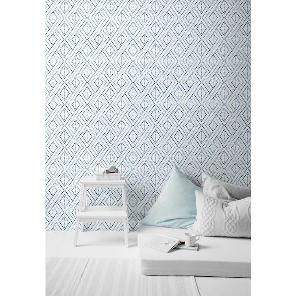 30.75 sq. ft. Luxe Haven Denim Blue Boho Grid Vinyl Peel and Stick Wallpaper Roll