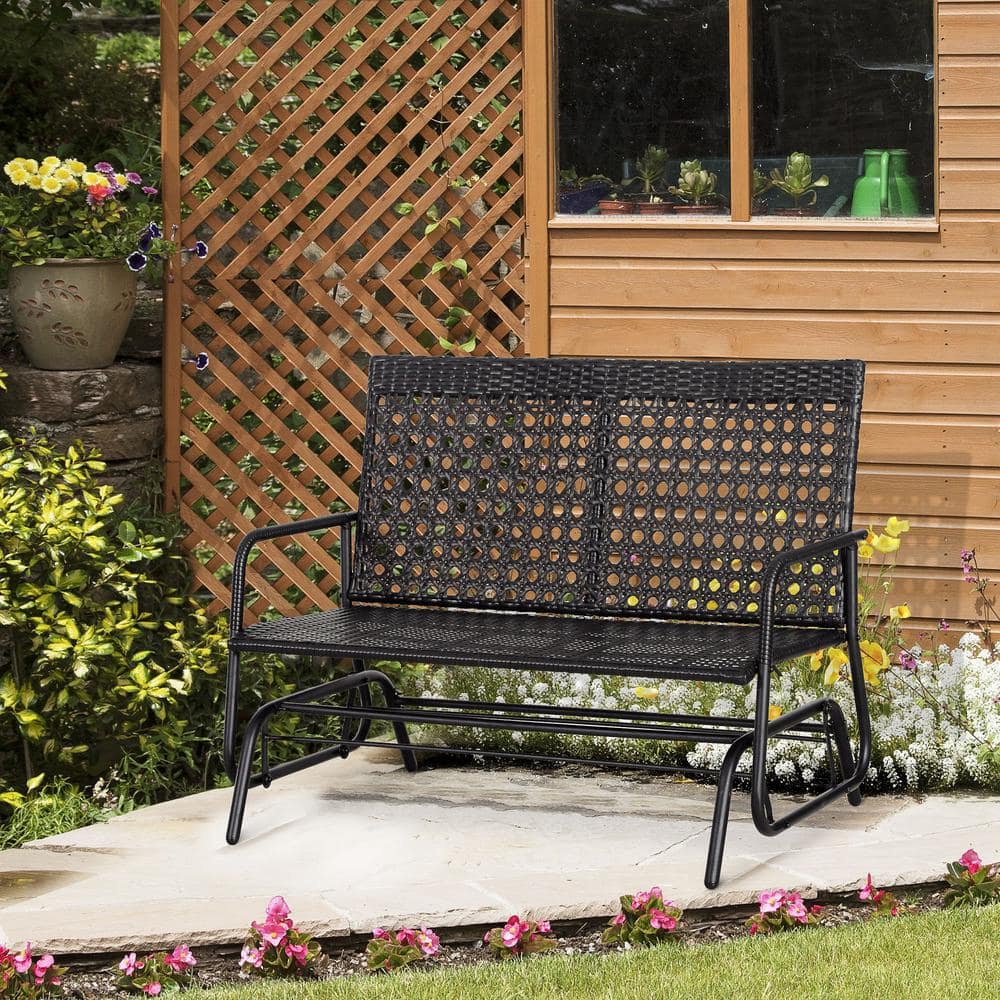 Outsunny Black 2-Person Wicker Glider Bench with Steel Frame