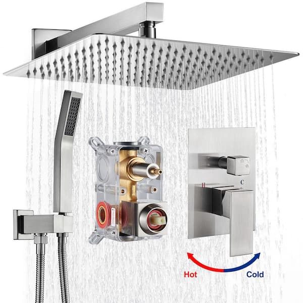 Zalerock Rainfull Single-Handle 1-Spray Square Shower Faucet with 12 in. shower head in Brushed Nickel Valve Included
