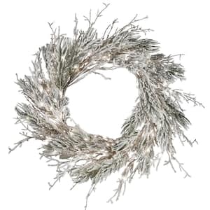 24 in. Pre-Lit Snowy Twig Artificial Christmas Wreath with Battery Operated LED Lights