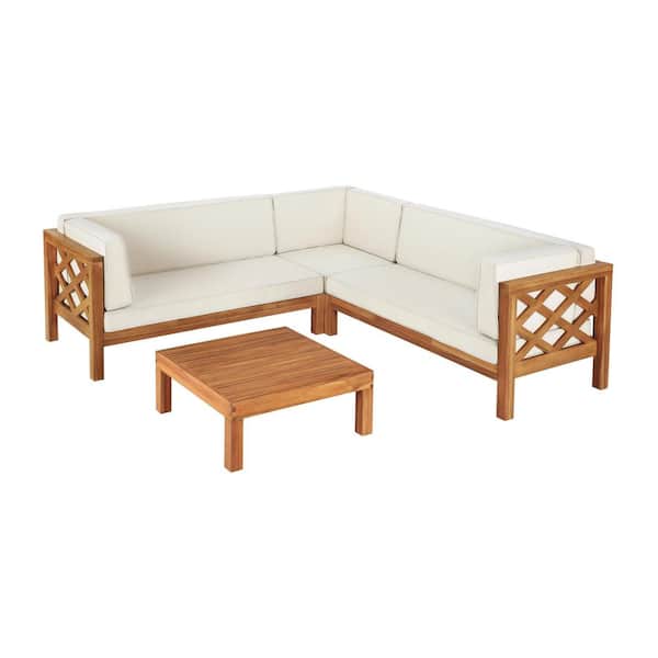 Hampton Bay Willow Glen Farmhouse Wood Outdoor Patio Sectional Sofa With Teak Finish Beige Cushions And Coffee Table 81985 The Home Depot - Patio Sectional Sets With Table