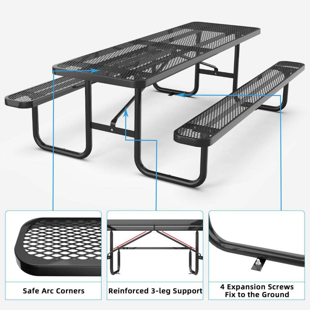 96" Black Steel Weather Resistant Outdoor Picnic Table