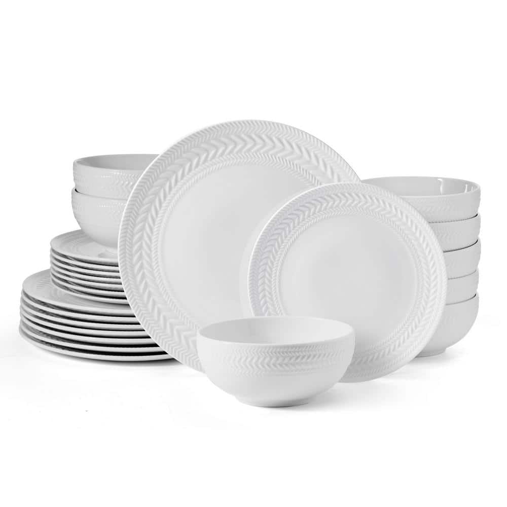 Josephine White Porcelain Embossed 24-Piece Dinnerware Set