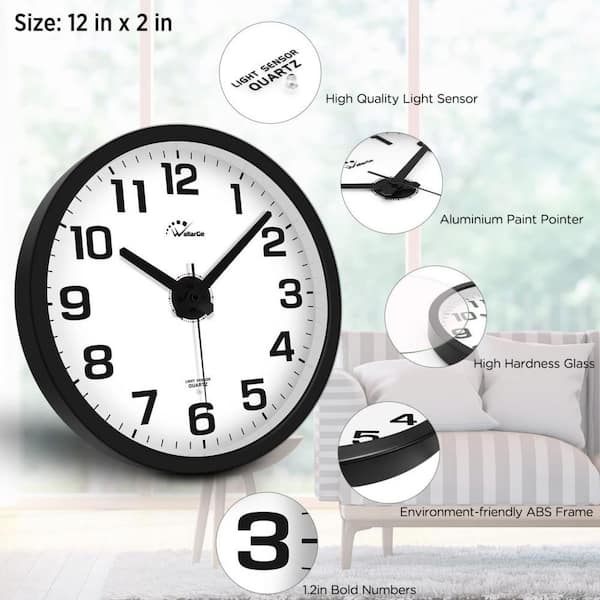 12 in. Night Light Silent Wall Clock, Easy to Read Large Digital