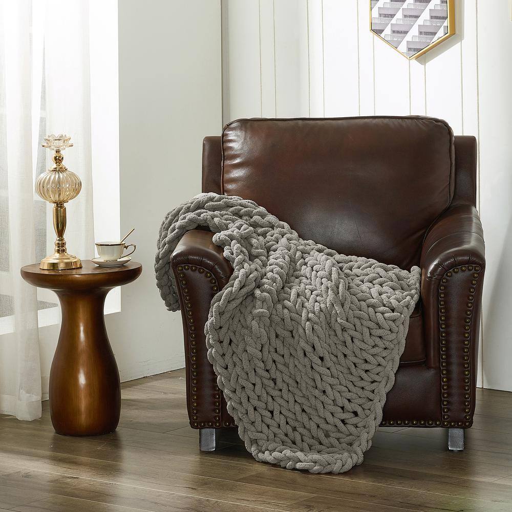 Cozy Dove Grey Chenille Knitted Reversible Throw Blanket 50"x40"