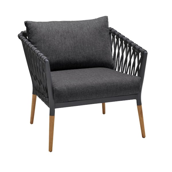 Armen Living Ipanema Outdoor Teak Wood and Rope Lounge Cushioned Chair with Olefin Dark Grey Cushion