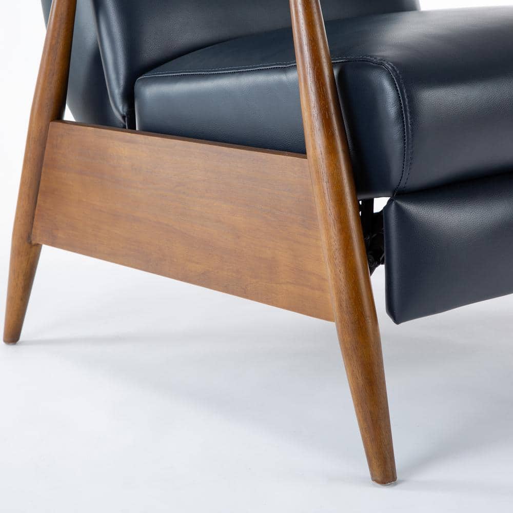 Midnight Blue Faux Leather Wood-Armed Recliner Chair
