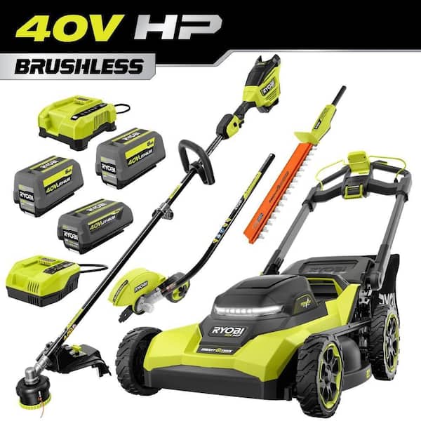 40V HP Brushless 21" Walk Behind Cross-Cut Self-Propelled Mower, String & Hedge Trimmer, Edger-Batteries & Chargers