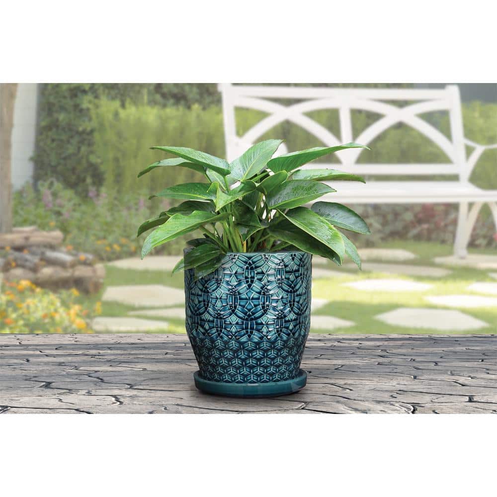 Rivage 10" Round Blue Glazed Ceramic Indoor Planter with Drainage