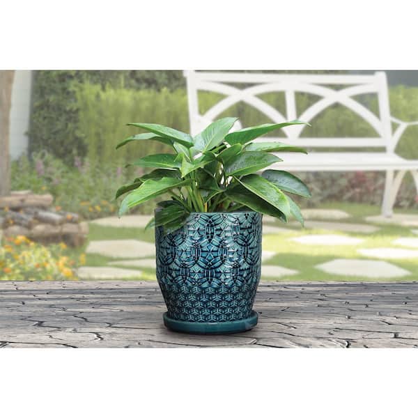 10 in. Finley Medium Ceramic Planter (10 in. D x 10 in. H) with Attached Saucer Blue Decorative Pot