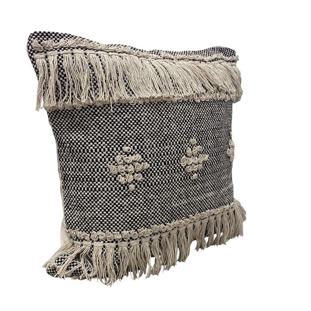 Gray and Cream Handwoven Cotton Diamond Throw Pillow, 20" x 20"