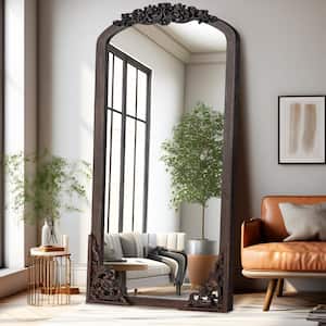 Rustic Arched 28 in. W x 67 in. H Solid Wood Framed DIY Carved Full Length Mirror in Charcoal