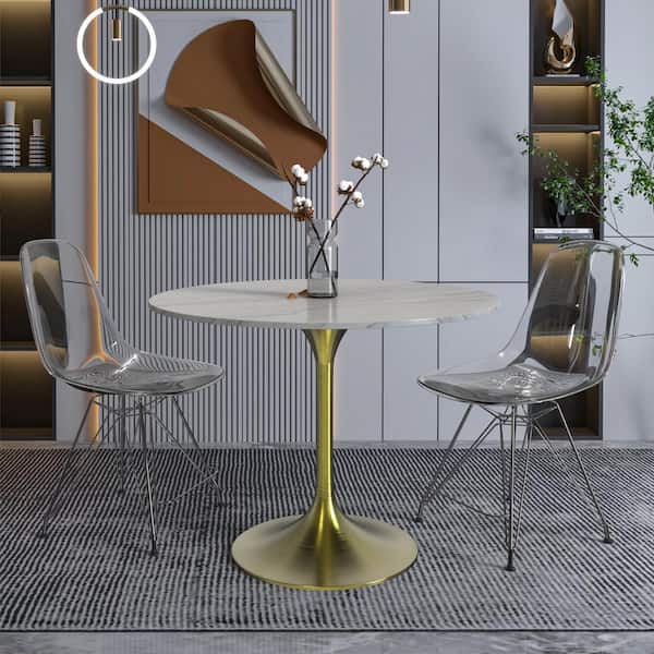 Verve Mid-Century Modern 36 in. Round Dining Table with Sintered Stone Top and Brushed Gold Pedestal Base (White)