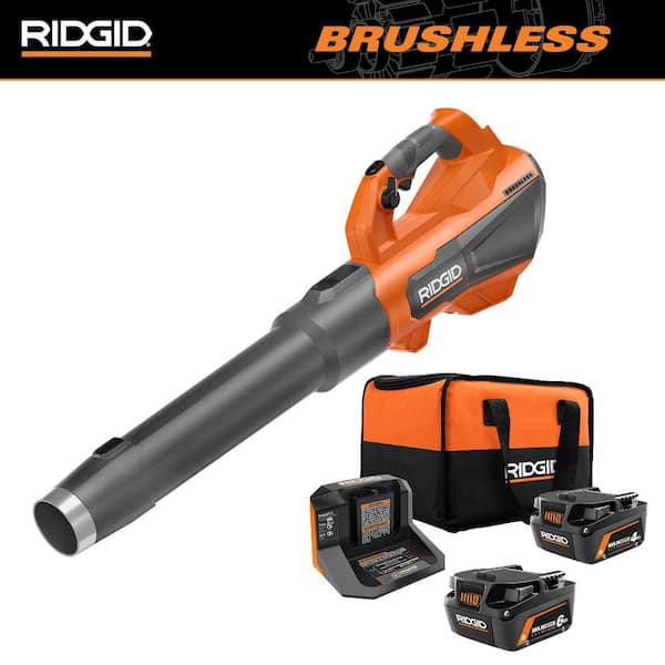 RIDGID 18V Brushless 130 MPH 510 CFM Leaf Blower with 18V 6.0 Ah and 4.0 Ah MAX Output Batteries and Charger Kit with Bag