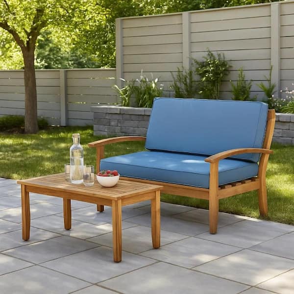 Modern Brown Acacia Wood Outdoor Loveseat and Coffee Table with Blue Cushion
