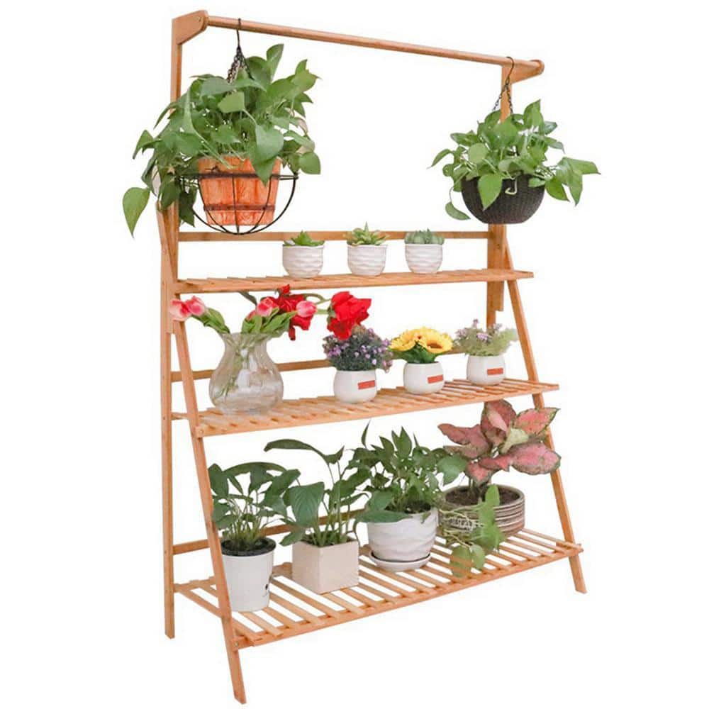 AESOME 56.8 in. x 39.3 in. Bamboo Hanging Plant Stand 3-Tier
