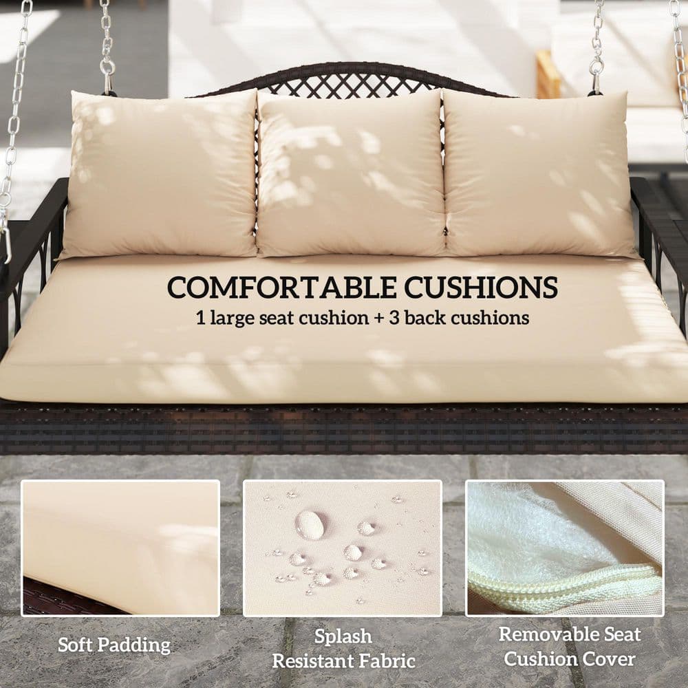 Brown Wicker Hanging Porch Swing with Beige Cushions and Steel Frame