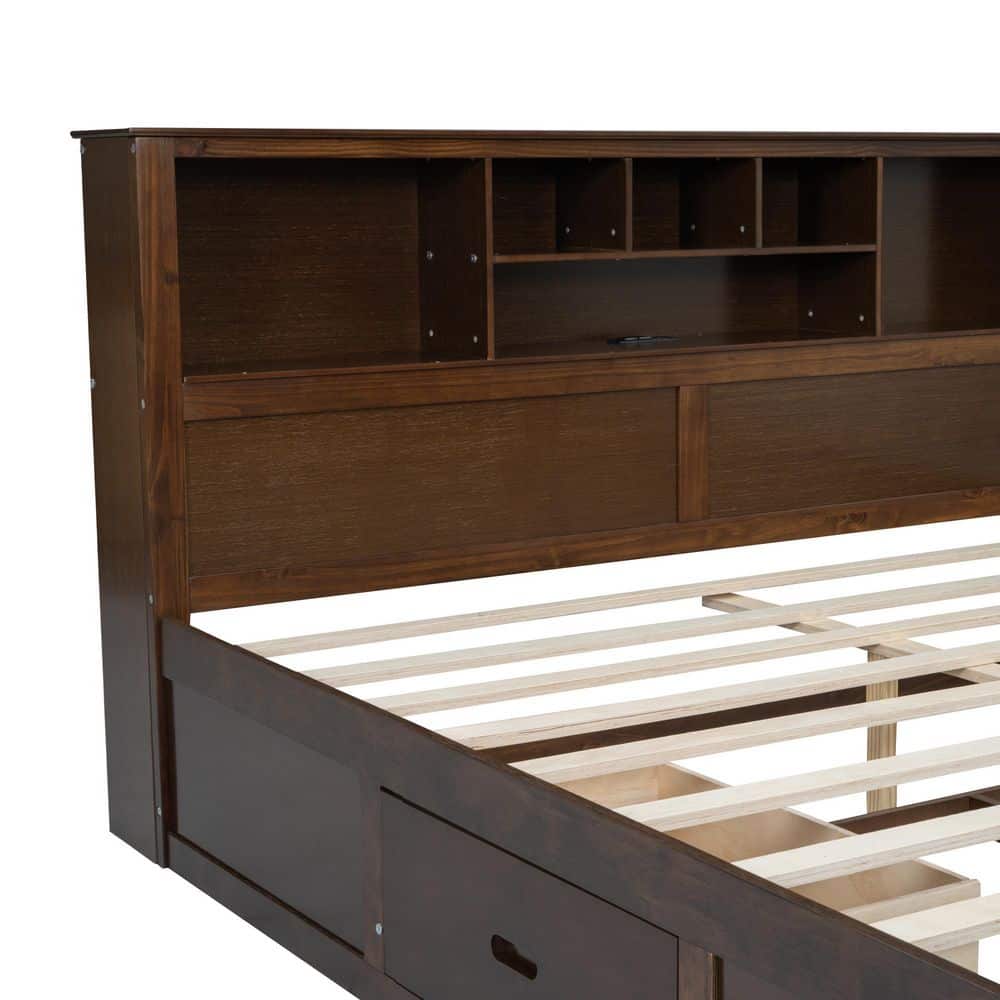 Eric Brown Wood Frame King Size Platform Bed with Storage Headboard, Charging Station, 2 Drawers, Shelves, Antique Wood - thumbnail 5