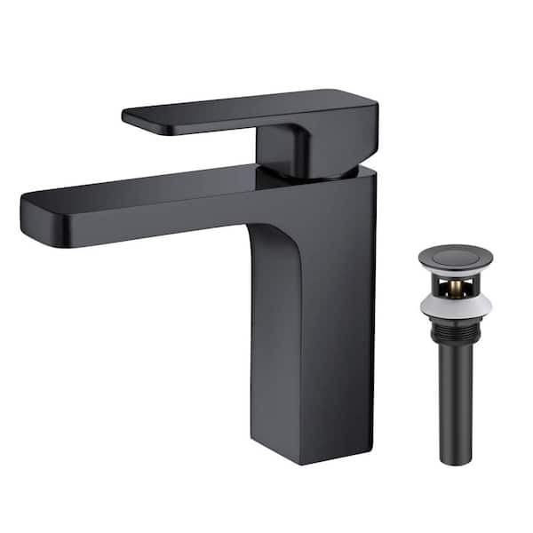 Single Handle Lever Handle Single Hole Bathroom Sink Faucet with Supply Lines and Pop-Up Drain in Matte Black