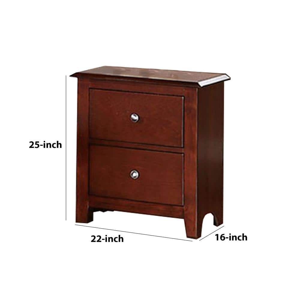 25" Brown Pine and MDF 2-Drawer Nightstand with Metal Pulls
