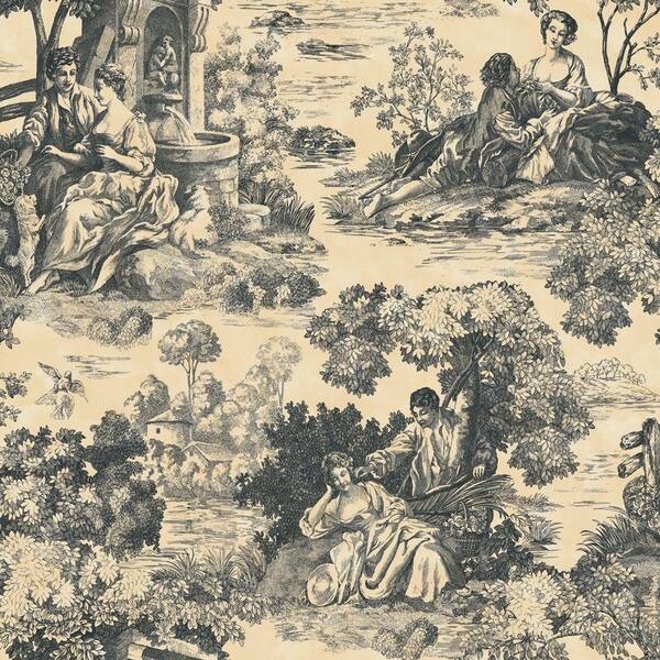 The Wallpaper Company 8 in. x 10 in. Charcoal and Cream Large Scale Classic Scenic Toile Wallpaper Sample